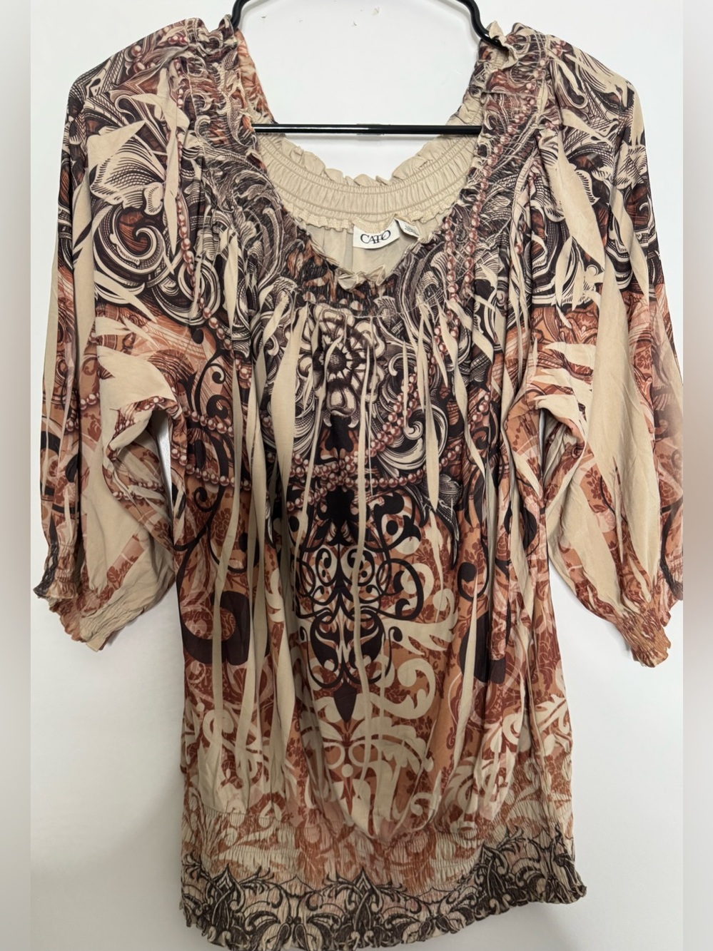Cato Women's Beige, Brown and Black Printed Boho Tunic stretch cinched waist LG